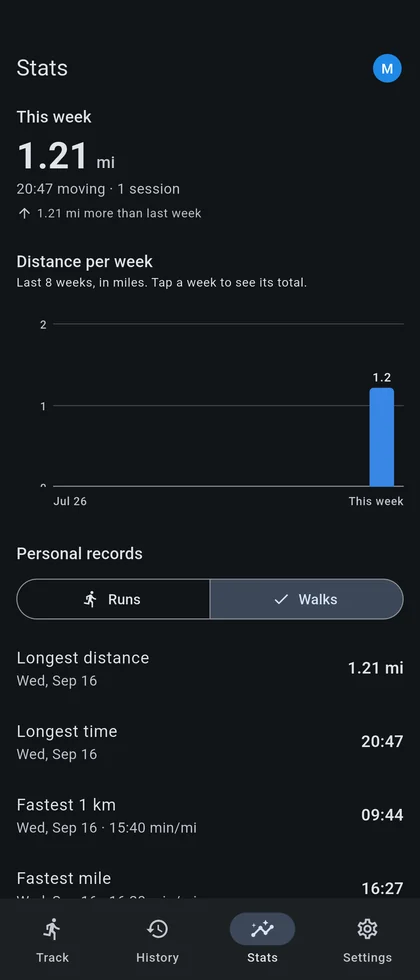 The stats screen showing this week's distance, a bar chart of the last eight weeks and personal records.