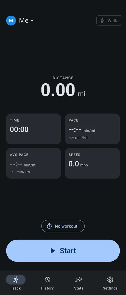 The tracking screen with distance, time, pace and speed, and a Start button.